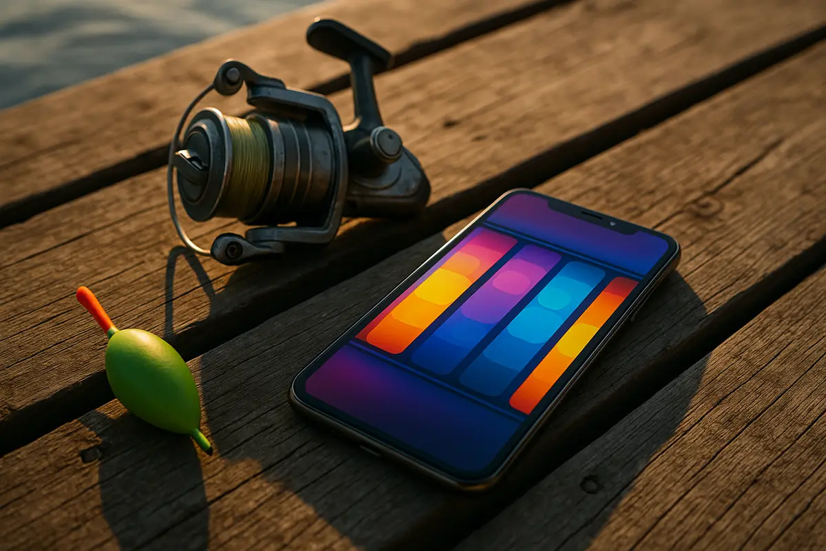 Phone on a wooden jetty next to fishing tackle