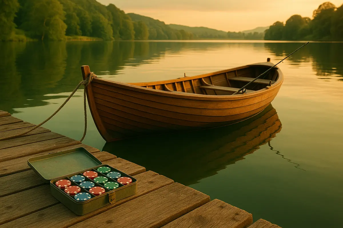 Fishing boat on a lake with a tackle box of casino chips
